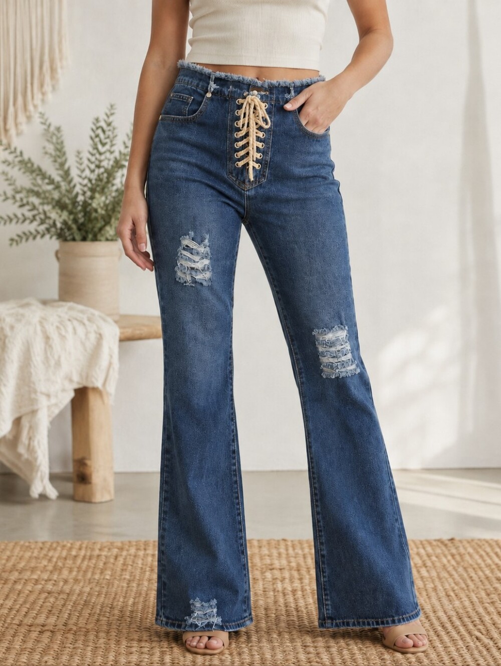 POL Distressed Denim Lace Up Flare Jeans Raw Waist Size Small NWOT